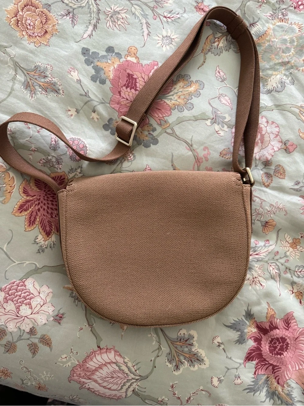 Rothy's Tan Crossbody Saddle Bag with Braided Edge